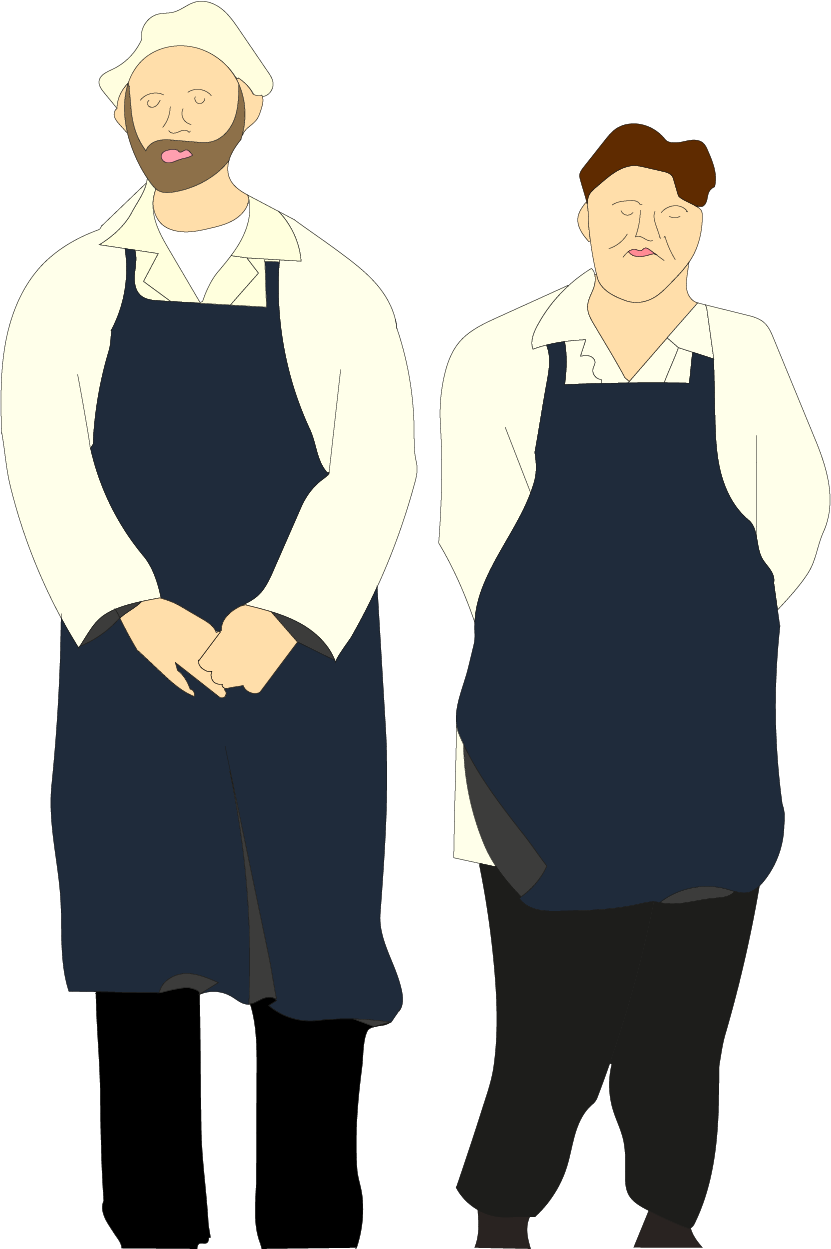 illustration of two butchers standing outside their shop